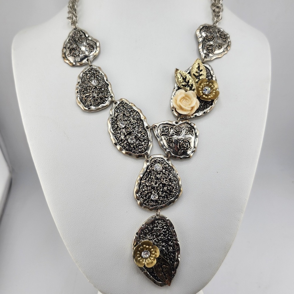 Silver Tone Floral Rustic Y Drop Statement Necklace